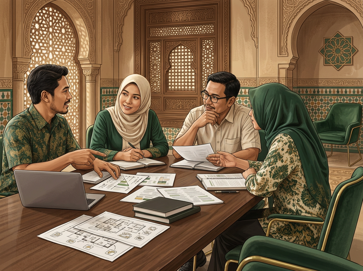 Ilustrasi anggota KIMC berdiskusi di ruang pertemuan berarsitektur Timur Tengah