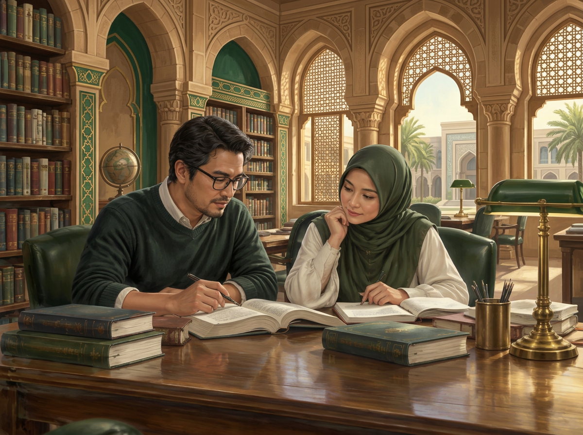Ilustrasi dua mahasiswa dewasa belajar di perpustakaan klasik dengan lengkungan dan jendela Timur Tengah
