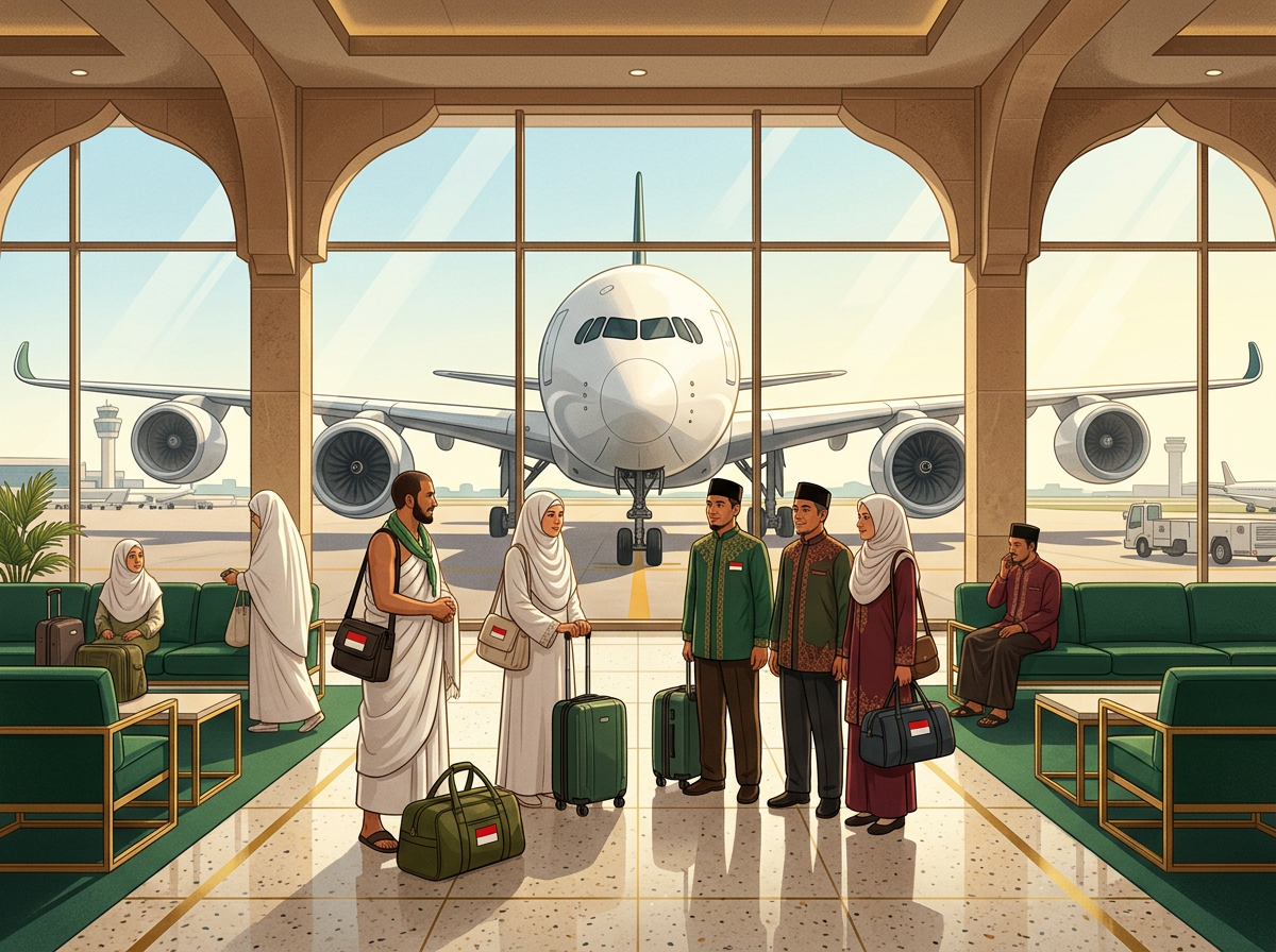 Ilustrasi calon jemaah umrah dan haji dengan pesawat di bandara bernuansa Timur Tengah