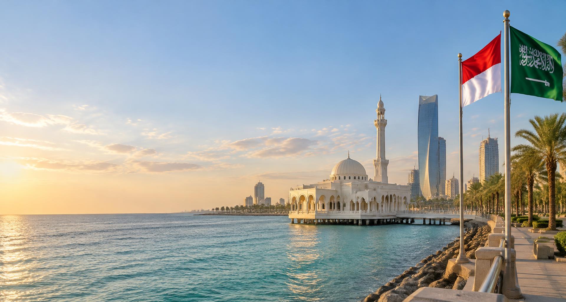Ilustrasi waterfront Jeddah dengan bendera Indonesia dan Arab Saudi